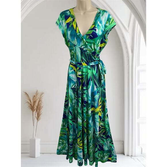 Olivia Matthews Maxi Tropical Floral Green Dress Large USA Made - Picture 1 of 10